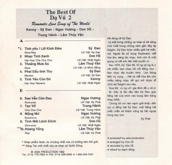ASIA Tape 81 - The Best Of Dạ Vũ 2 (KGTH9) - CD Gốc Shop T